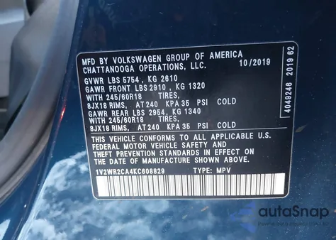 2019 Volkswagen Atlas 3.6L V6 Se W/Technology from USA, damaged, VIN 1V2WR2CA4KC608829